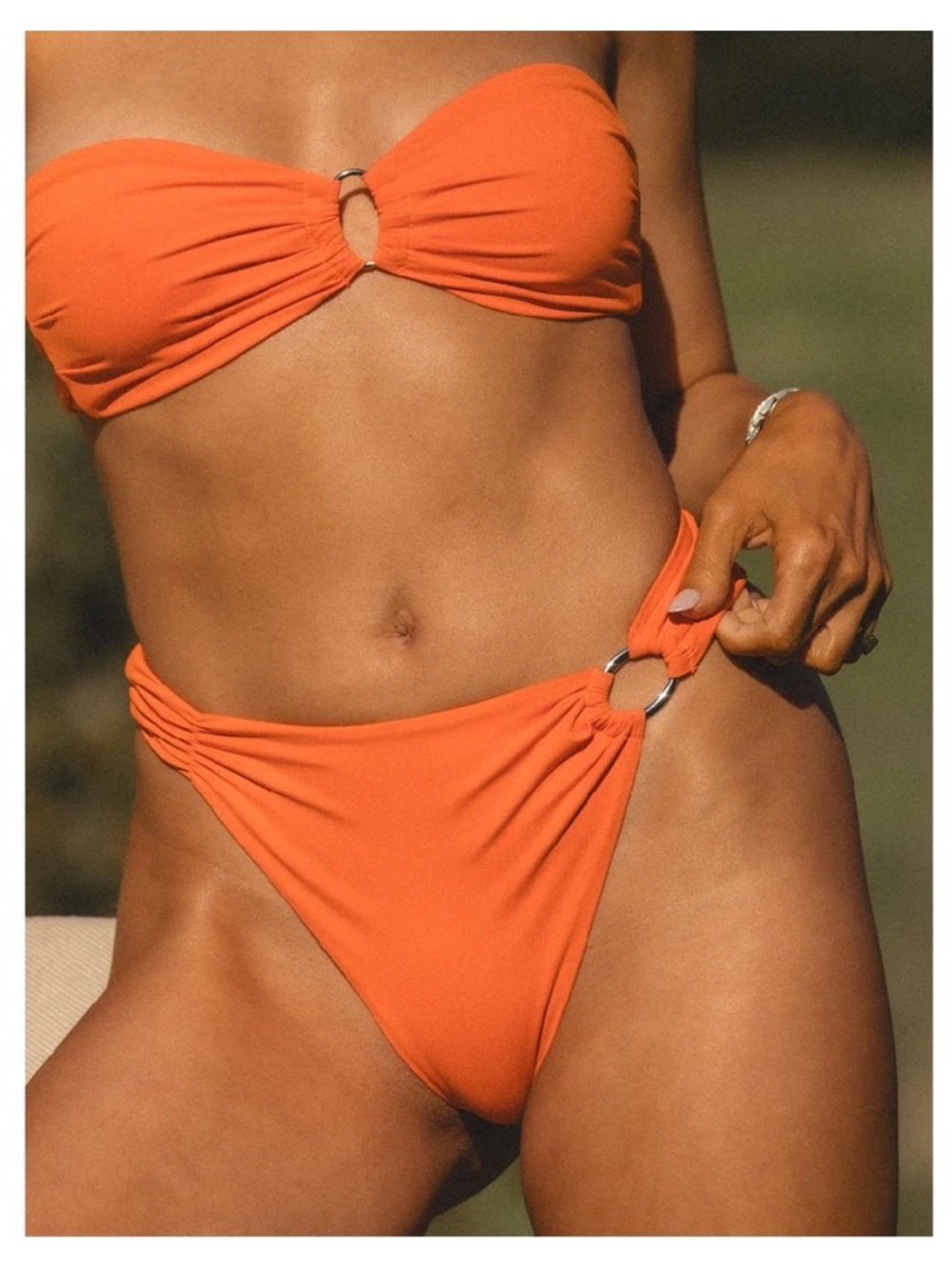 TAN LINES - Orange Ring-Detail Bandeau Bikini Set - Women Swim